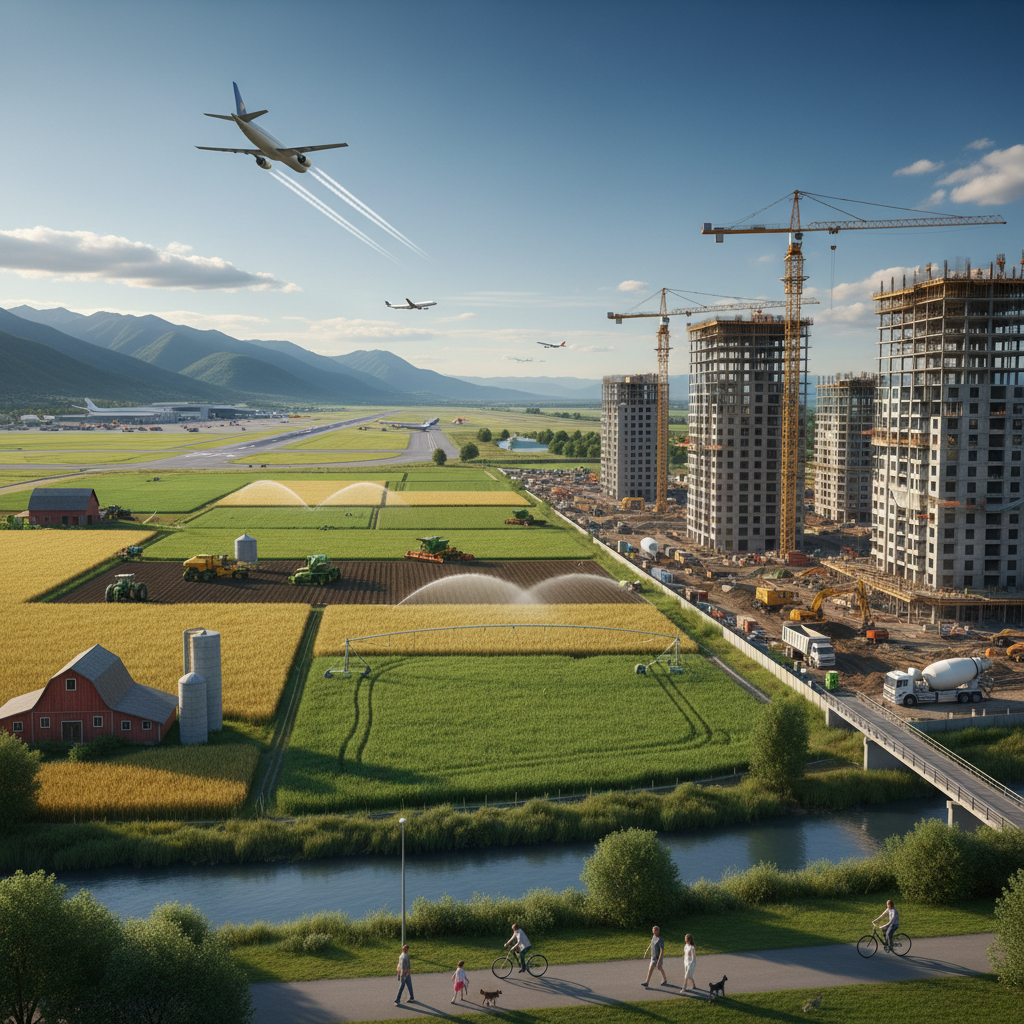 Wide South African landscape showing both farmland and a construction site side by side, golden afternoon light