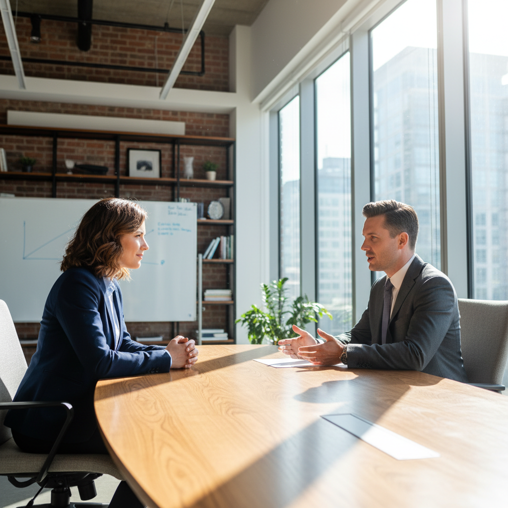 Professional mock interview session in a corporate conference room, mentor giving feedback to student, bright office environment