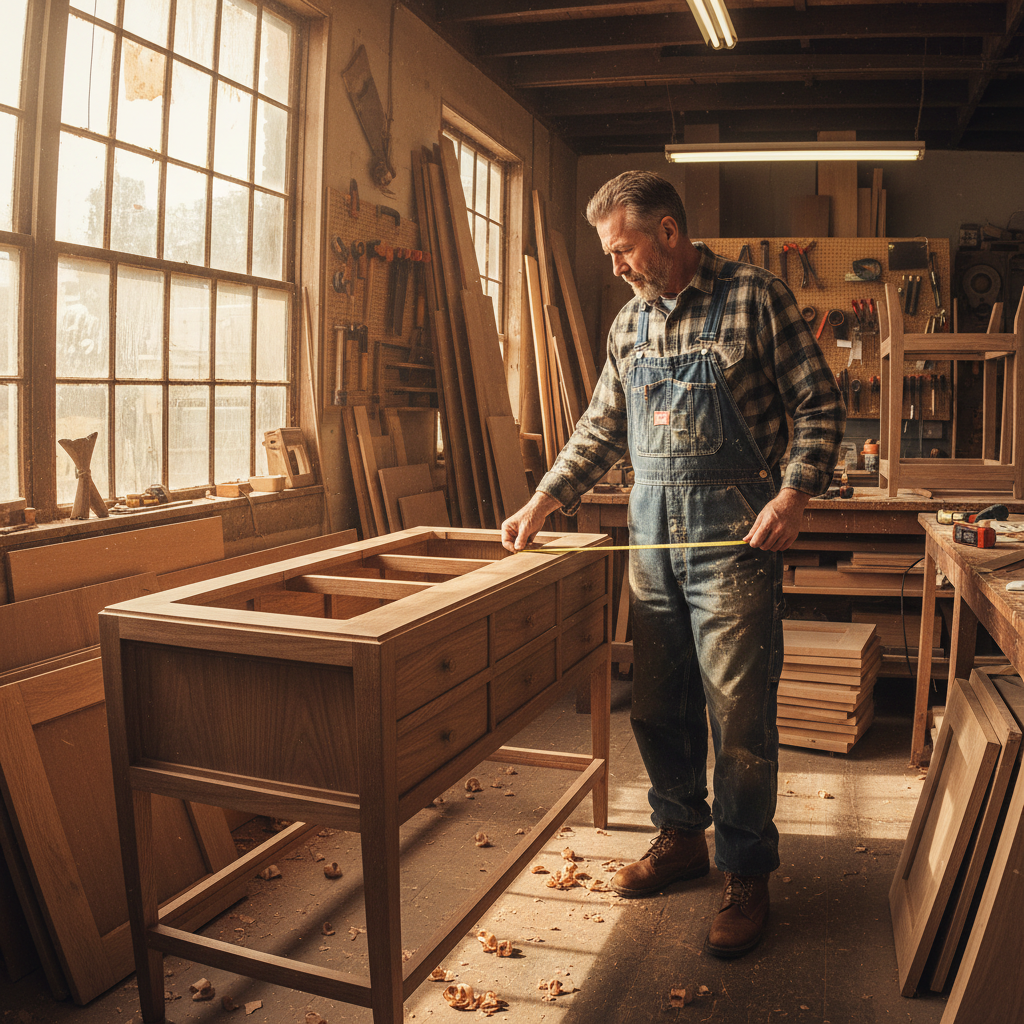 Woodworker measuring and planning a custom timber project in a dim atmospheric workshop, deep shadows, dark wood surfaces