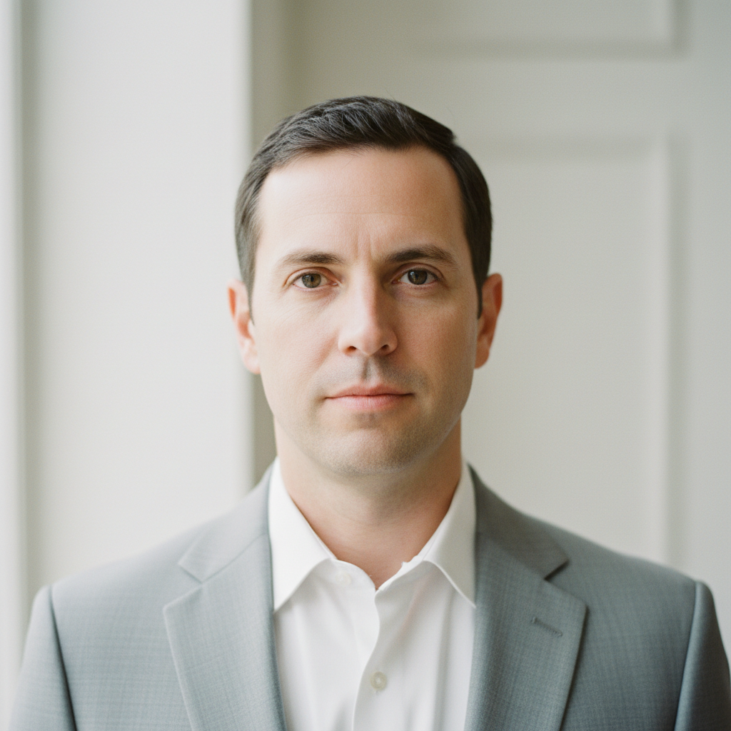 Man in light grey suit, minimal background, executive portrait
