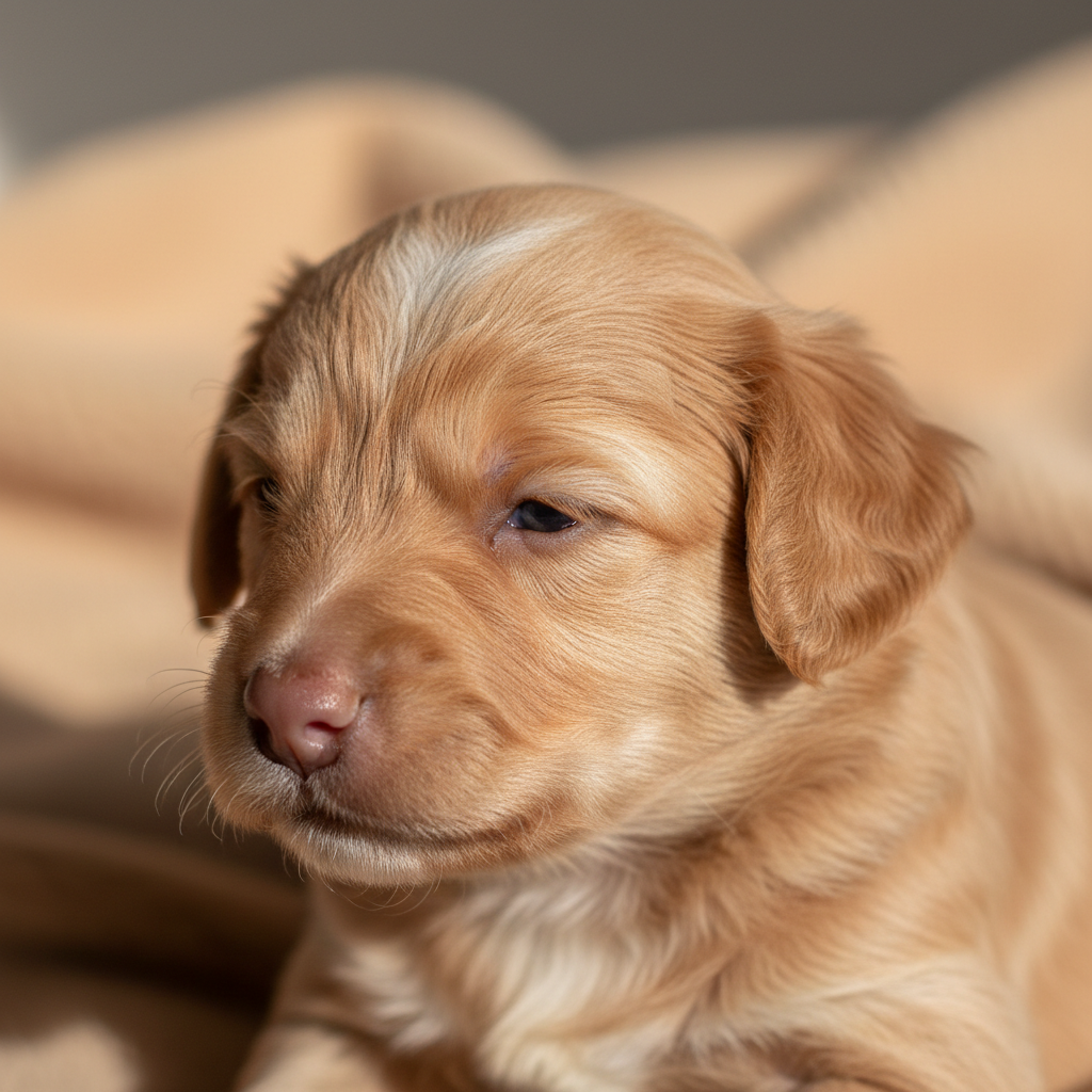 Biscuit at 5 weeks, fluffy cream coat developing
