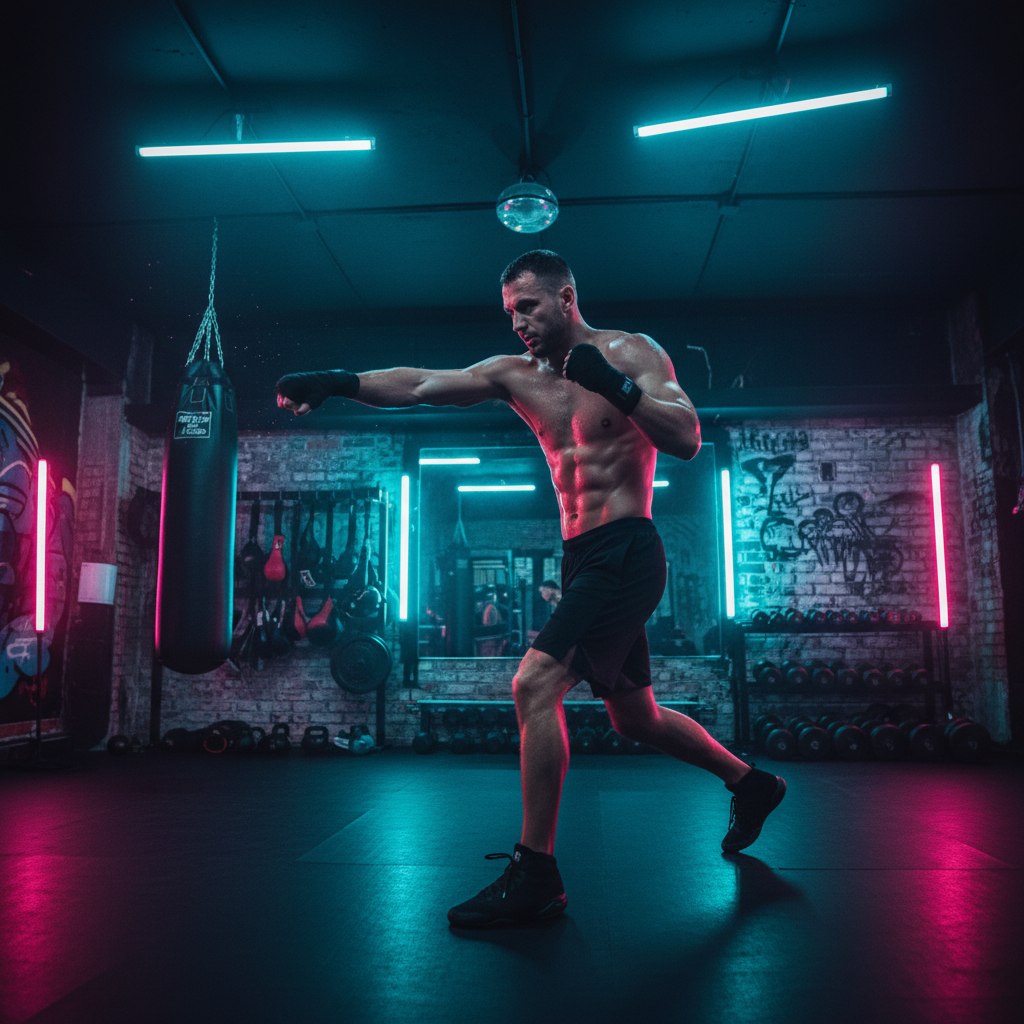 Boxer shadowboxing in dark gym with neon cyan and magenta practicals