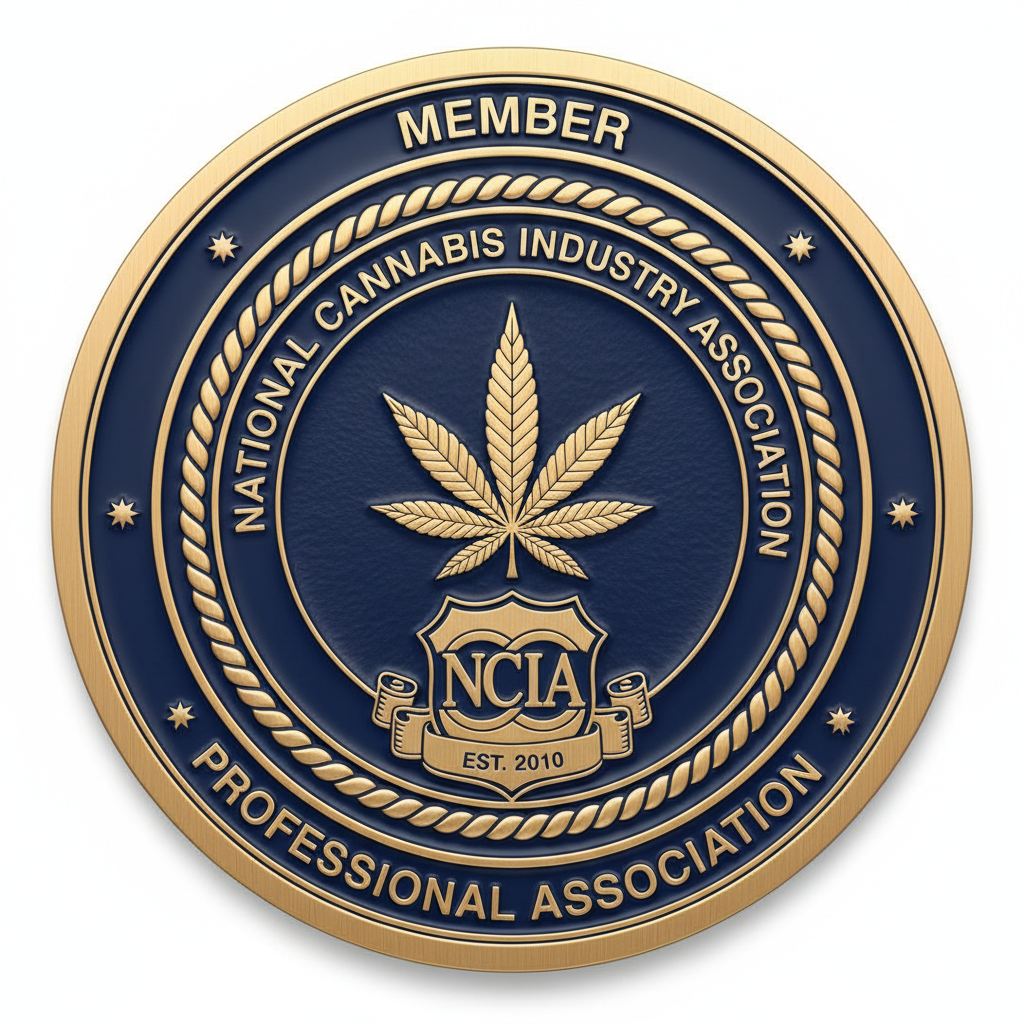 NCIA membership badge with cannabis leaf emblem and professional association seal