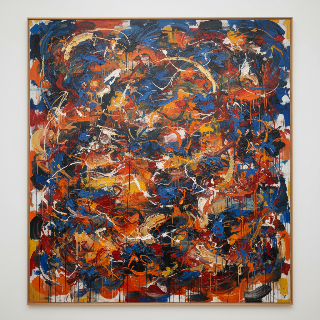 Marcus Thompson abstract painting, large scale oil on canvas with layered gestural marks