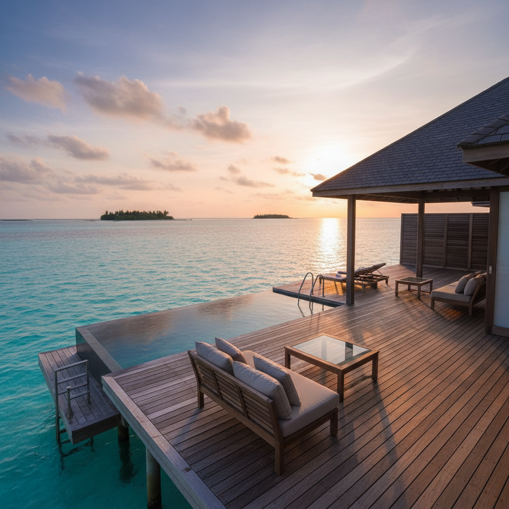 Private overwater villa at golden sunset, dark teal ocean, warm ambient light, isolated luxury