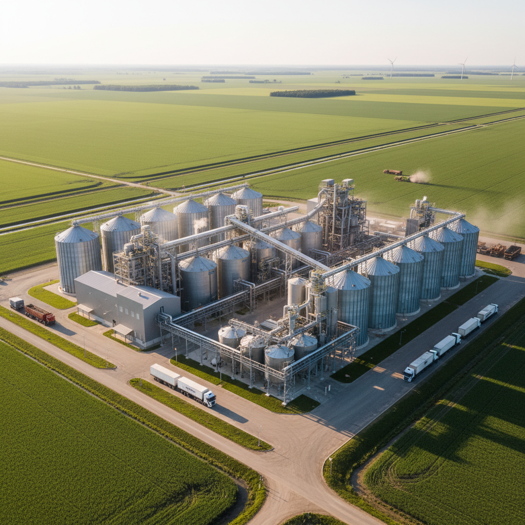 Agricultural processing facility with green fields in background, clean modern equipment, bright natural light