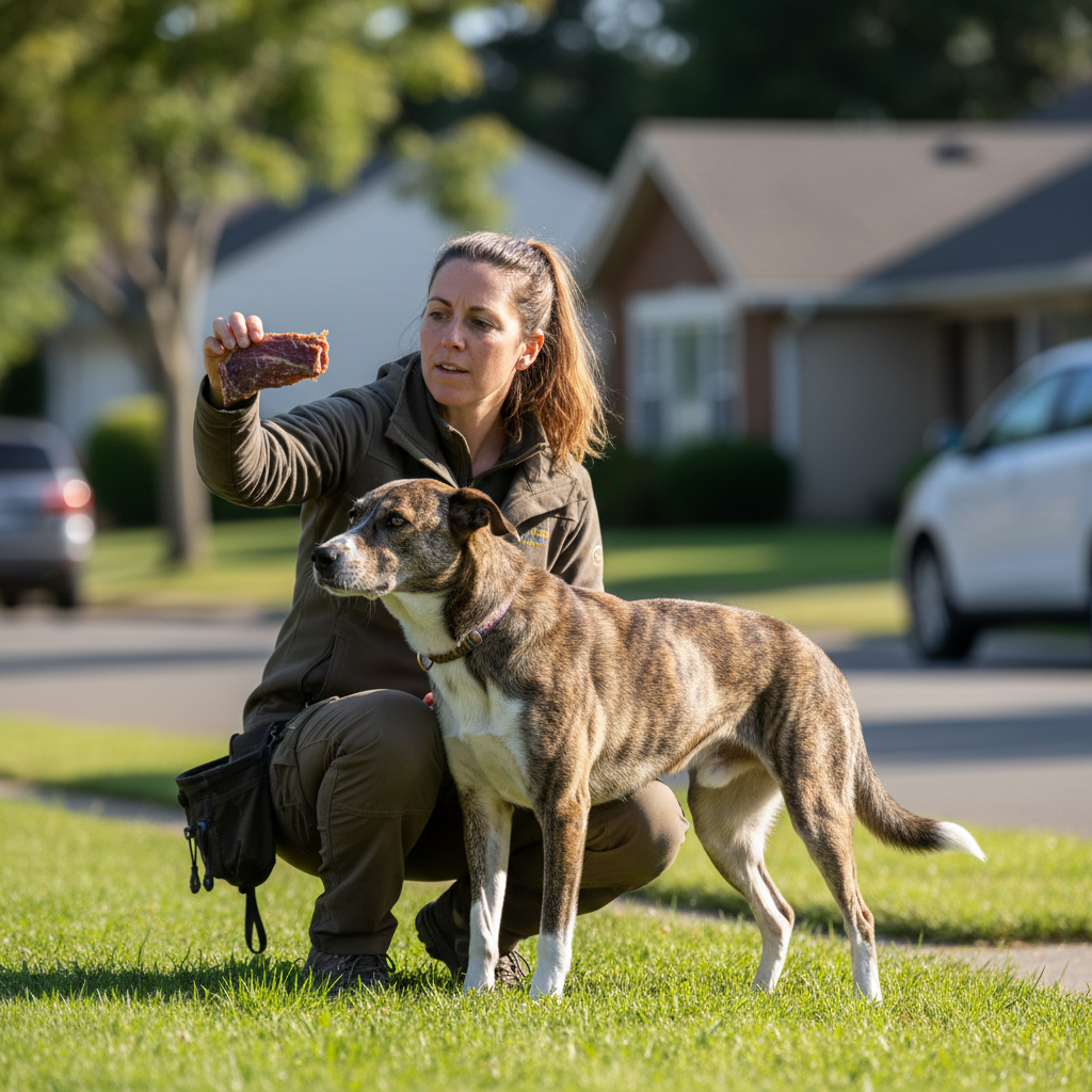 Dog trainer kneeling beside a reactive dog during a real-neighborhood training session, offering a high-value treat