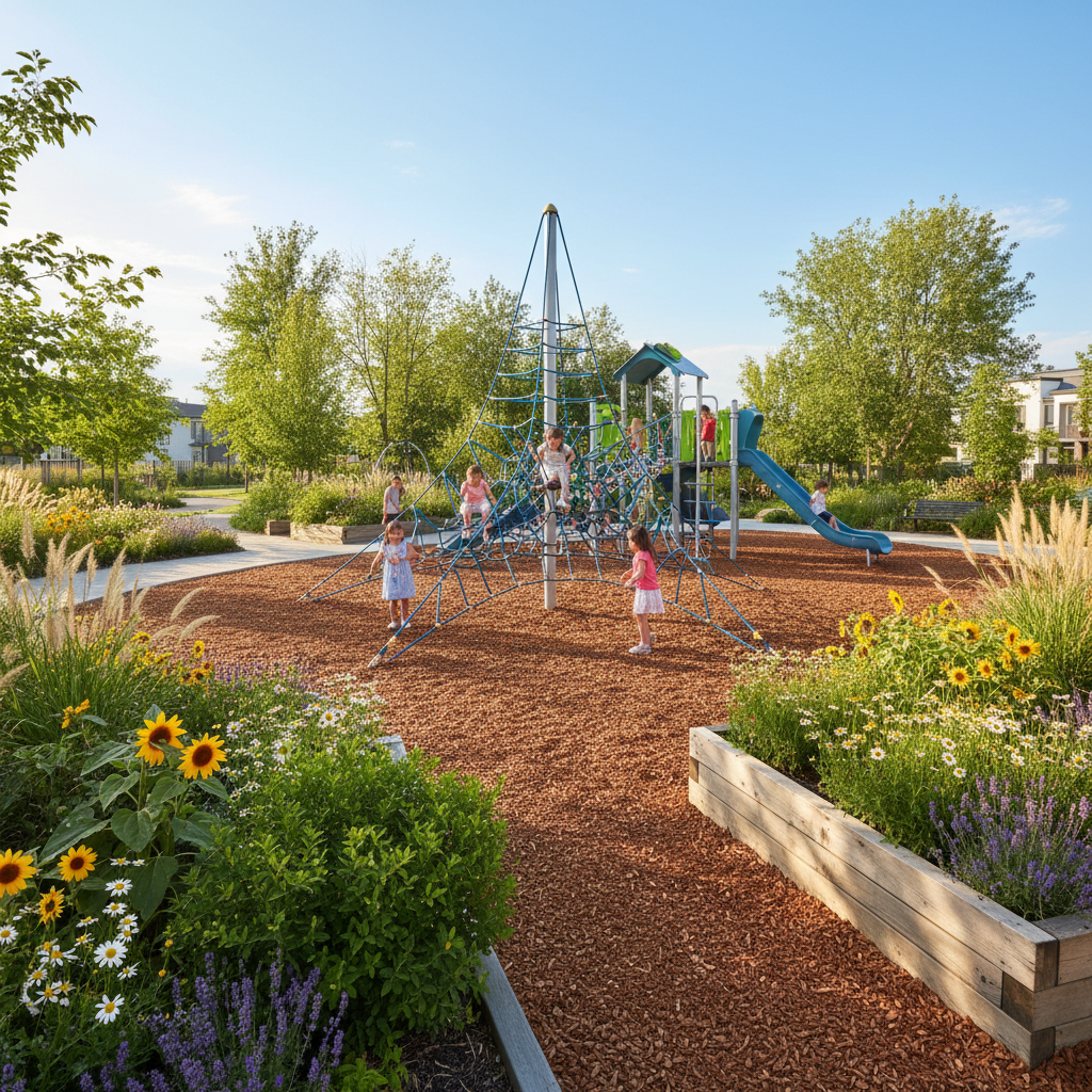 Completed outdoor playground with rubber mulch, garden beds and climbing structure