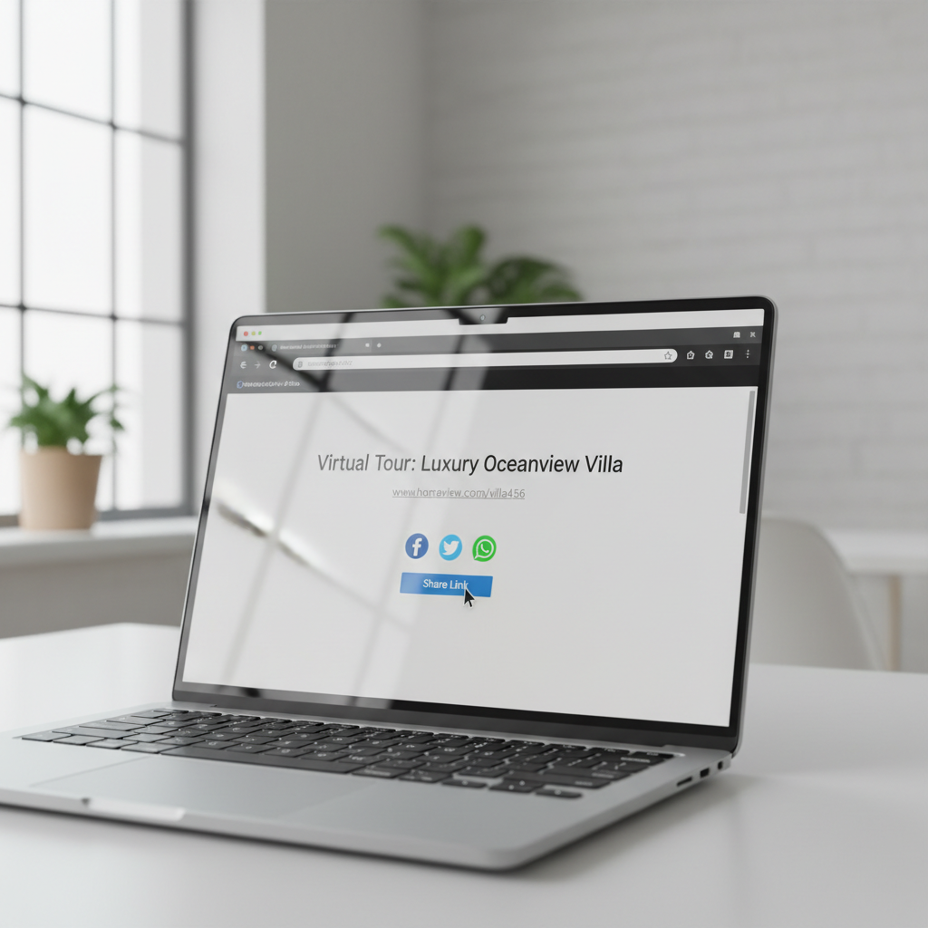 Clean laptop screen displaying a virtual property tour link being shared