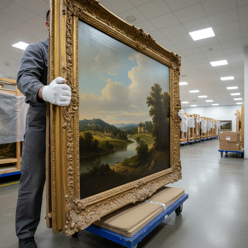 White-gloved specialist carefully handling a large framed oil painting in a climate-controlled storage facility