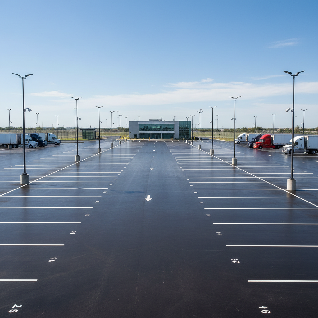 Premium truck parking facility with paved bays and security cameras