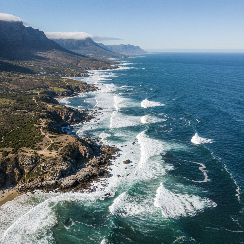 Aerial view of Cape Town's Atlantic Seaboard coastline with turquoise ocean and white sand beaches