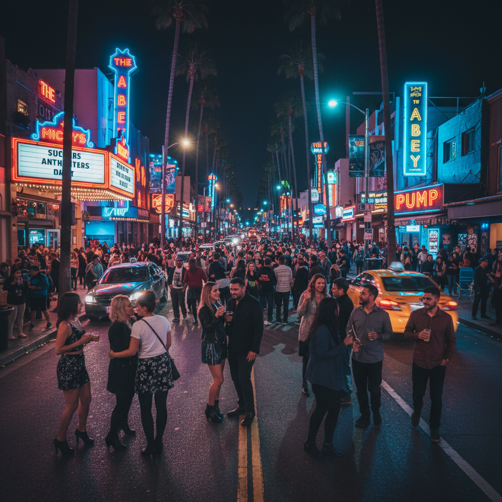 West Hollywood nightlife scene on Santa Monica Boulevard with colorful bar signs and diverse crowd