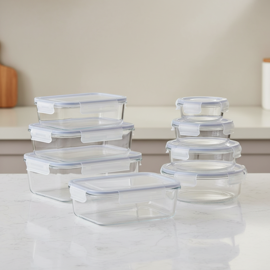Airtight plastic food storage containers with colored lids stacked in neat sets, clean kitchen background