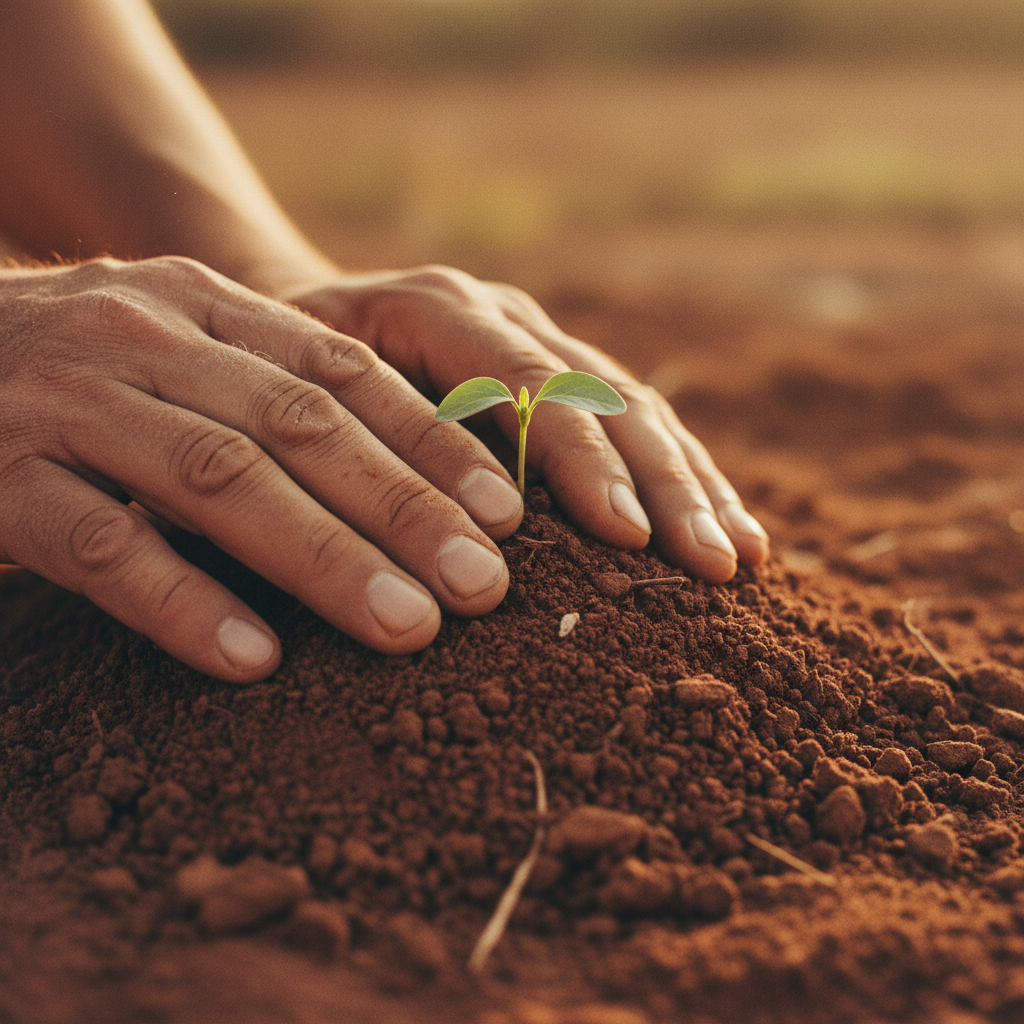 Weathered hands resting on red earth with a single green shoot visible between the fingers, shot in soft golden-hour light with visible grain