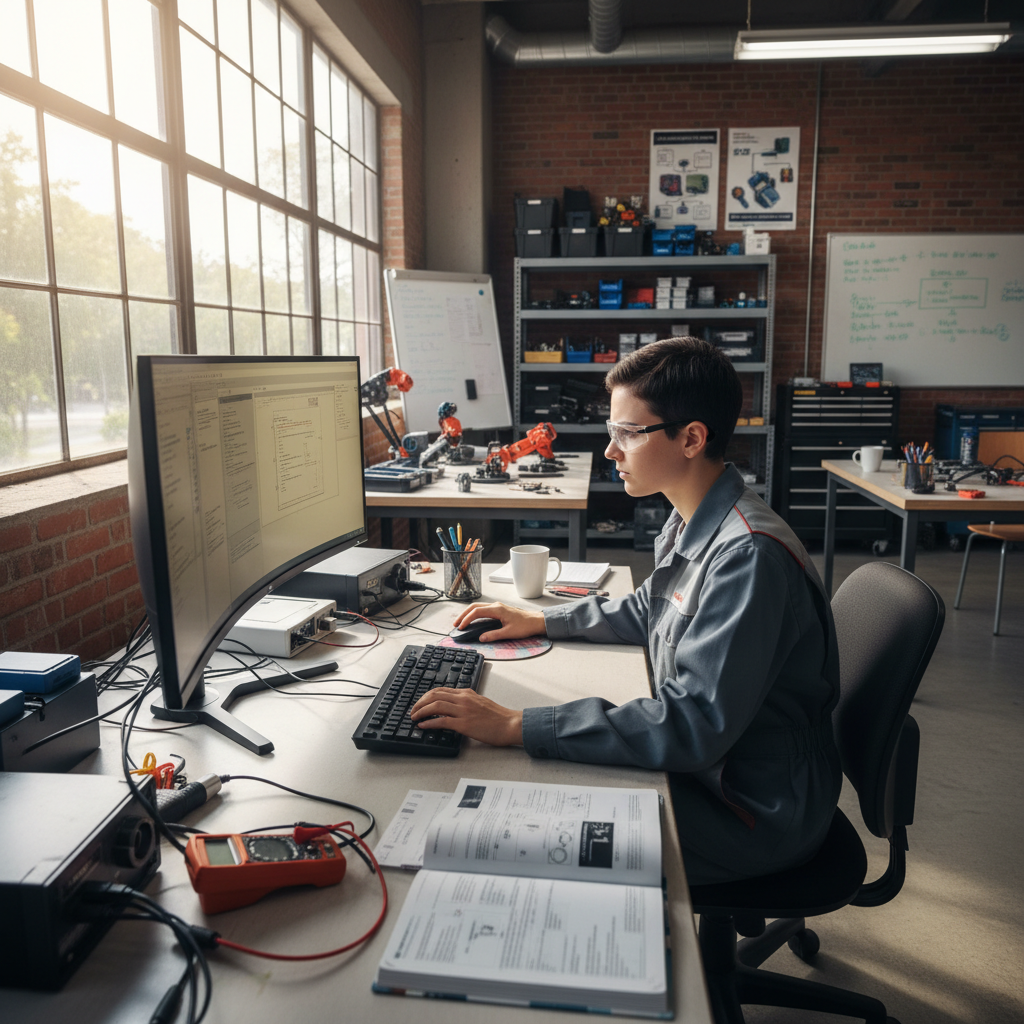 Person working at a computer workstation in a vocational training setting, focused on screen