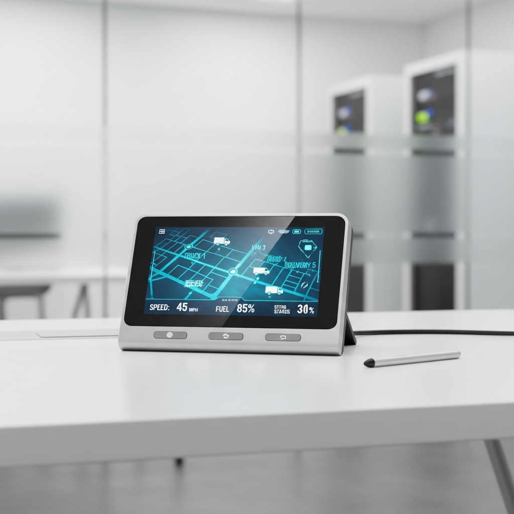 ONdTRACK fleet management dashboard showing real-time vehicle tracking, analytics charts and GPS map in a bright office environment