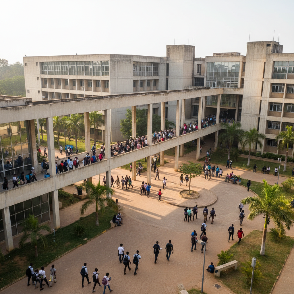 University campus with students walking between buildings
