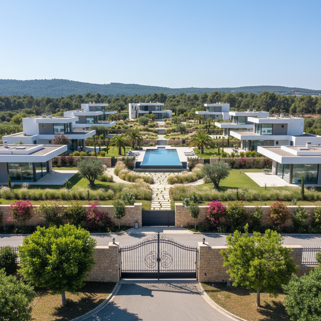 Swimming pool and clubhouse amenities in gated residential community