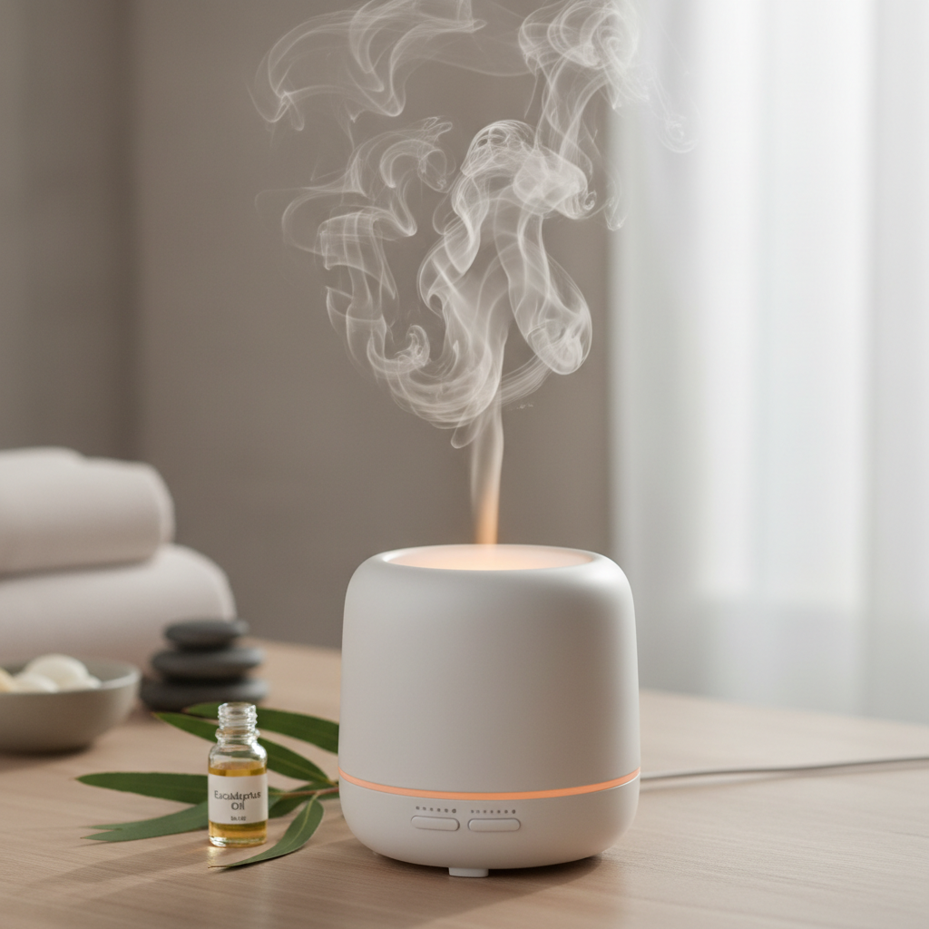 Aromatherapy diffuser releasing eucalyptus steam in treatment room