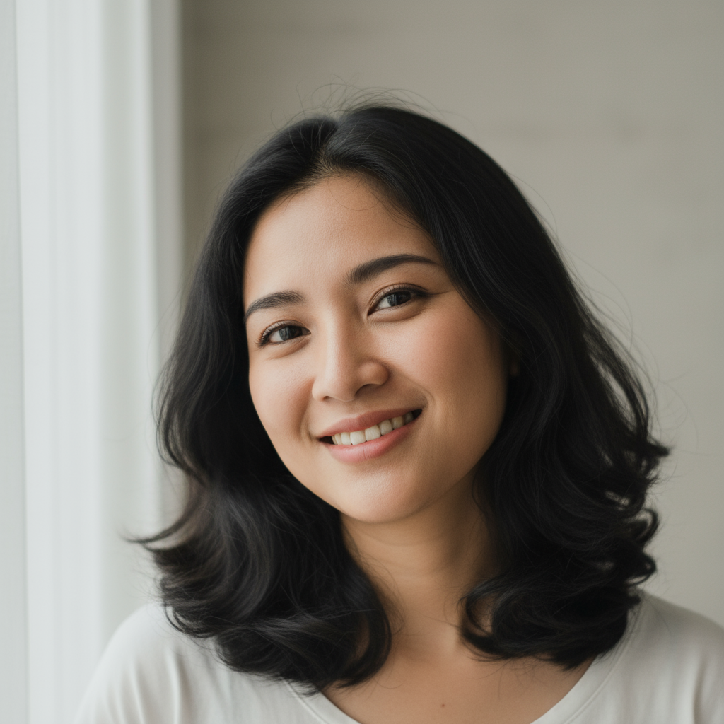 Professional headshot of Indonesian female executive in smart business attire, warm smile, office background
