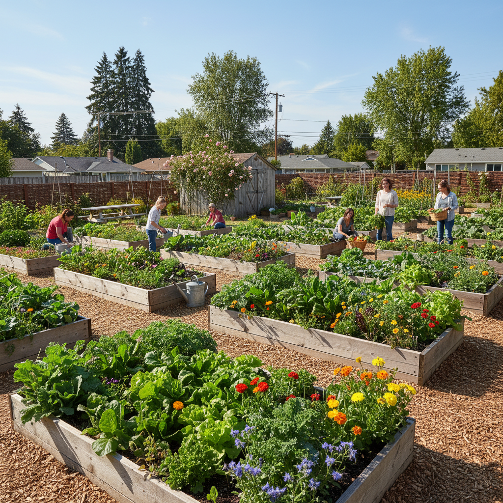 Lush community garden with raised vegetable beds and flowering plants near the Forodhani waterfront