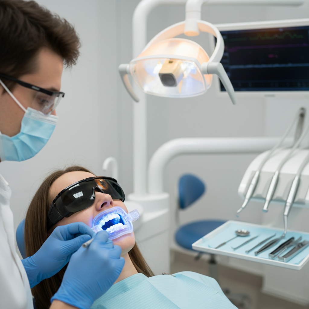 Bright, clean dental whitening procedure, professional setting, soft overhead lighting, minimal dark shadows