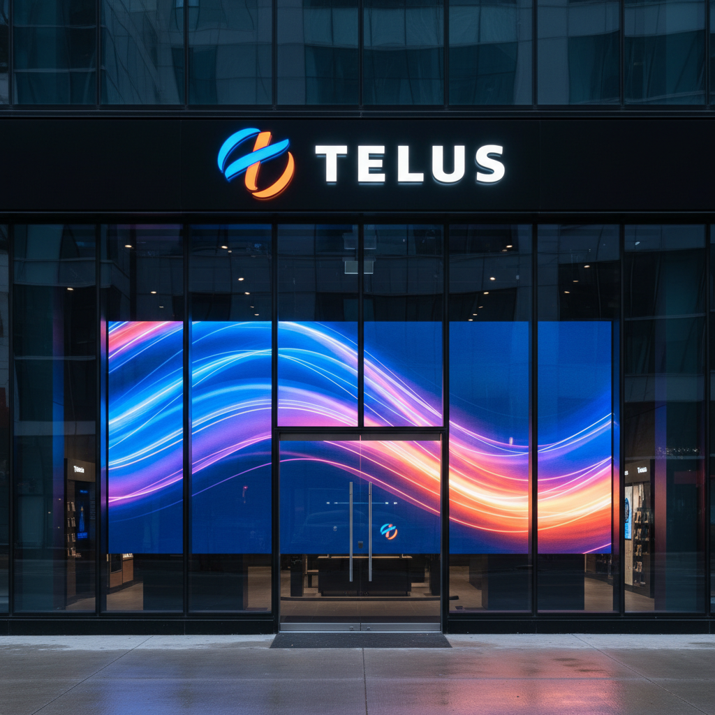 Modern retail storefront with professional commercial branding including illuminated signage and window graphics