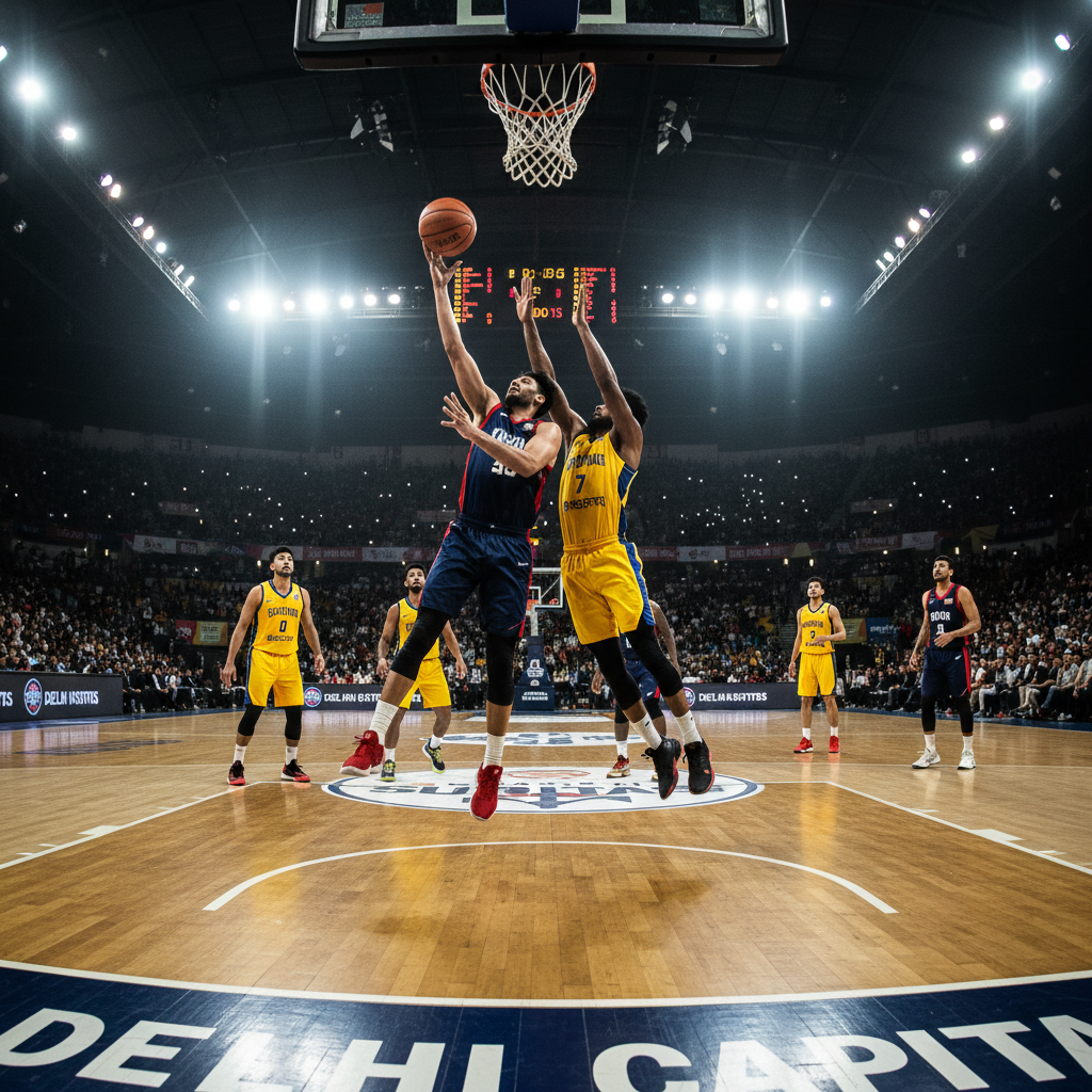 Basketball game in progress in an indoor arena with players jumping for the ball under bright arena lights