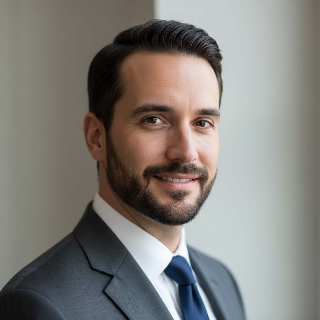 Professional man with confident expression against urban backdrop