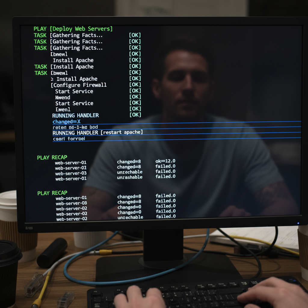 Ansible playbook automation code on bright terminal screen in DevOps workspace