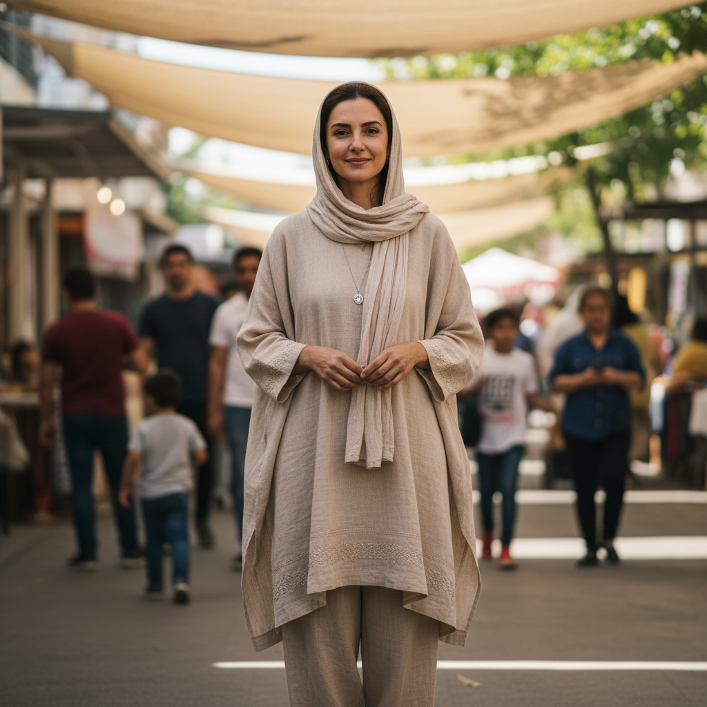 Professional modest fashion styling featuring RIIB beige tunic ensemble shared by community member