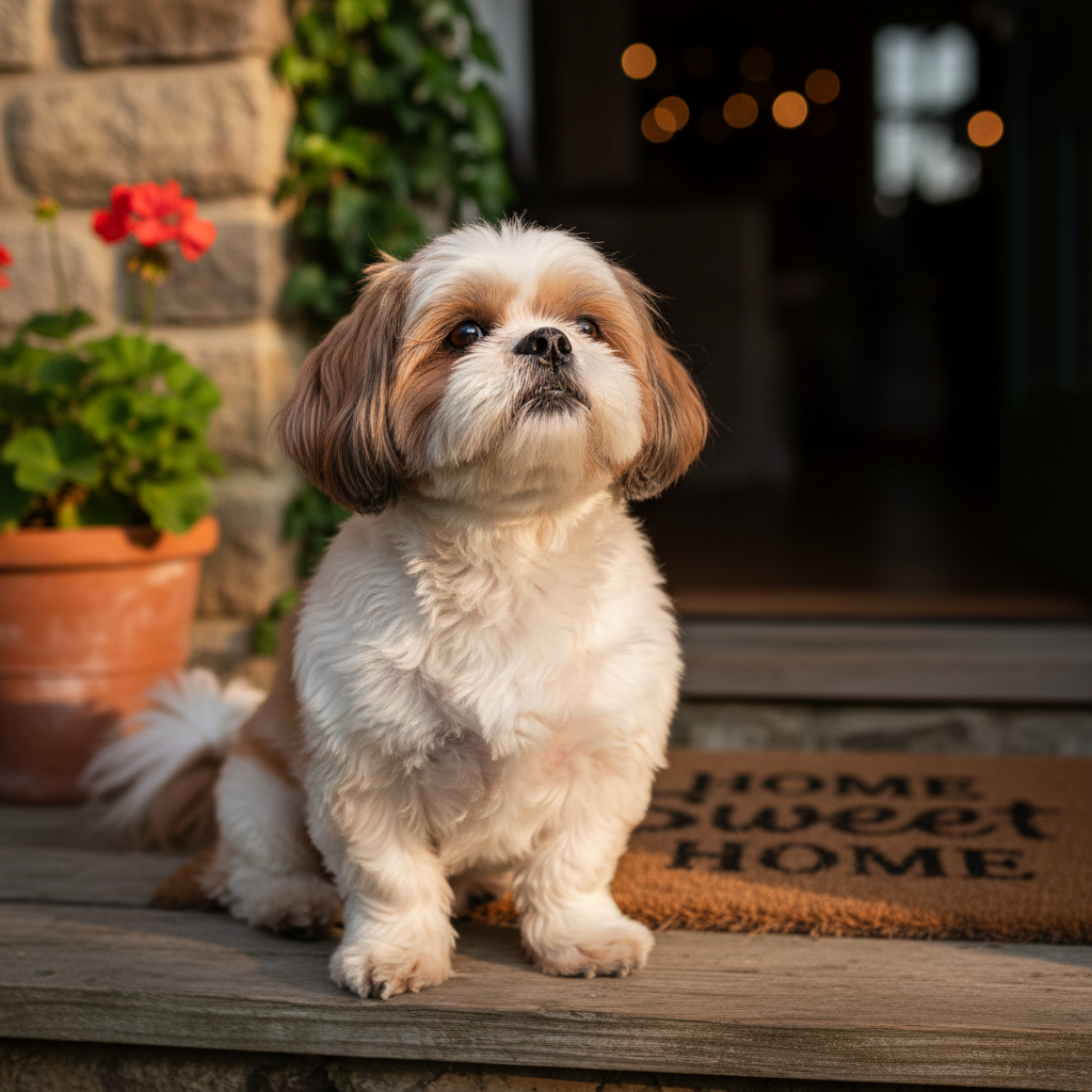 Happy Shih Tzu sitting obediently on a doorstep in sunlight, looking up at owner with bright eyes