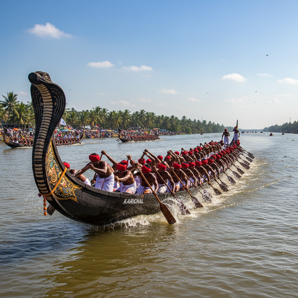 Massive snake boat with over 100 rowers racing through Kerala backwaters during the famous Nehru Trophy boat race