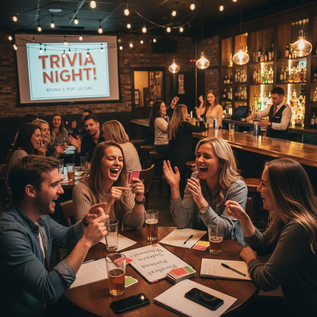 Fun bar trivia night with groups of friends playing games and laughing together