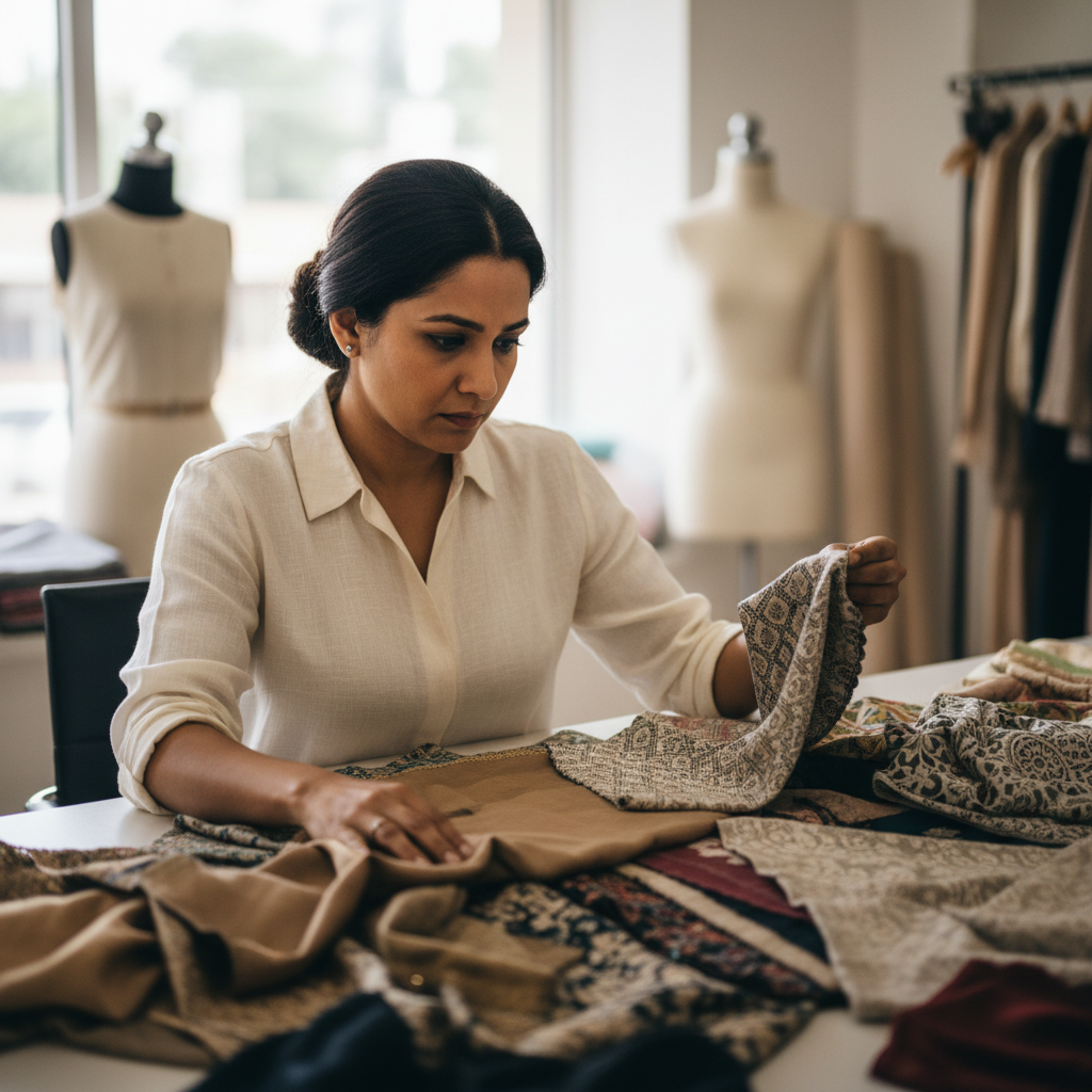 Priya Nair-Chandrasekhar, a South Asian woman in her mid-30s, reviewing fabric swatches at a large table covered in samples
