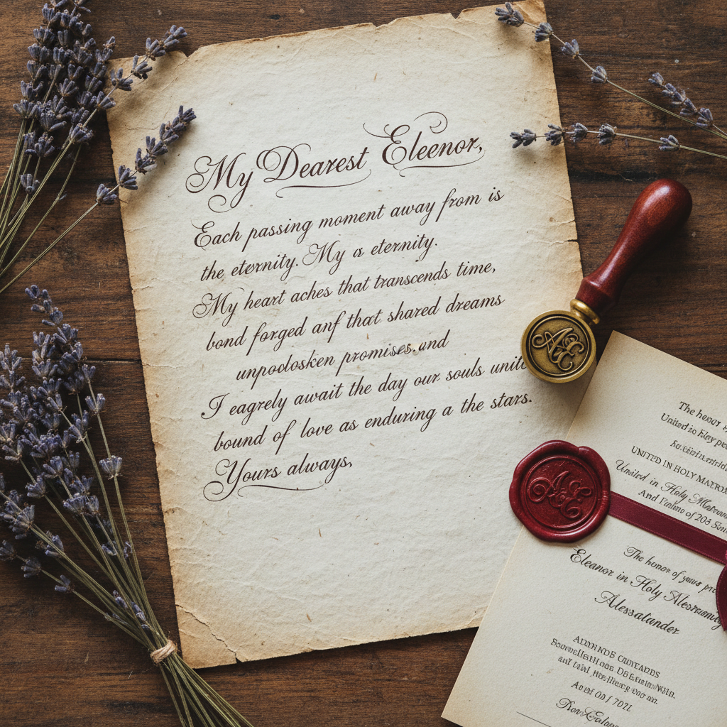 Handwritten letter on aged parchment paper with a wax seal and scattered rose petals