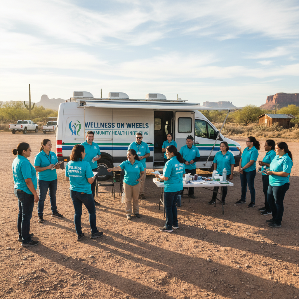 Healthcare workers in dimly lit mobile clinic, dark interior, atmospheric low-key lighting