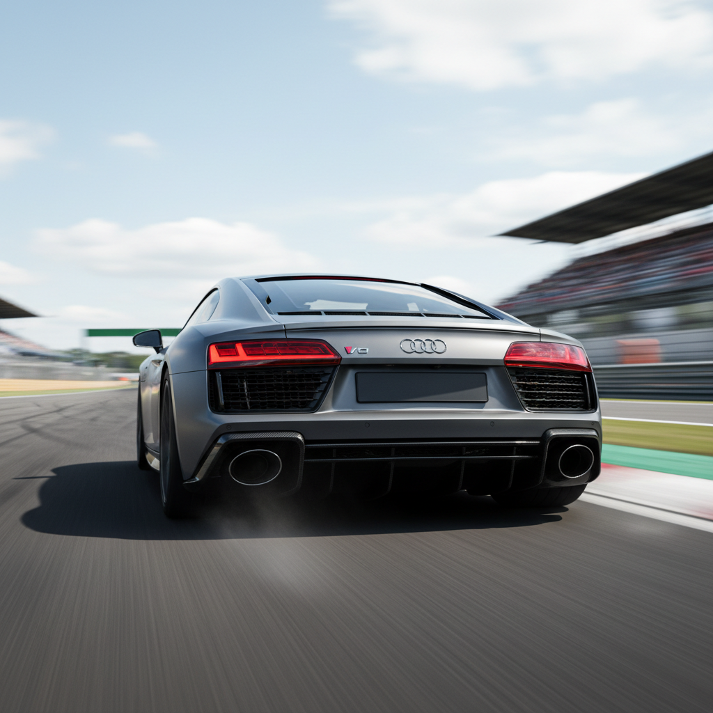 Audi R8 V10 in bright red on track, low angle shot, dramatic motion blur background, carbon fiber details visible