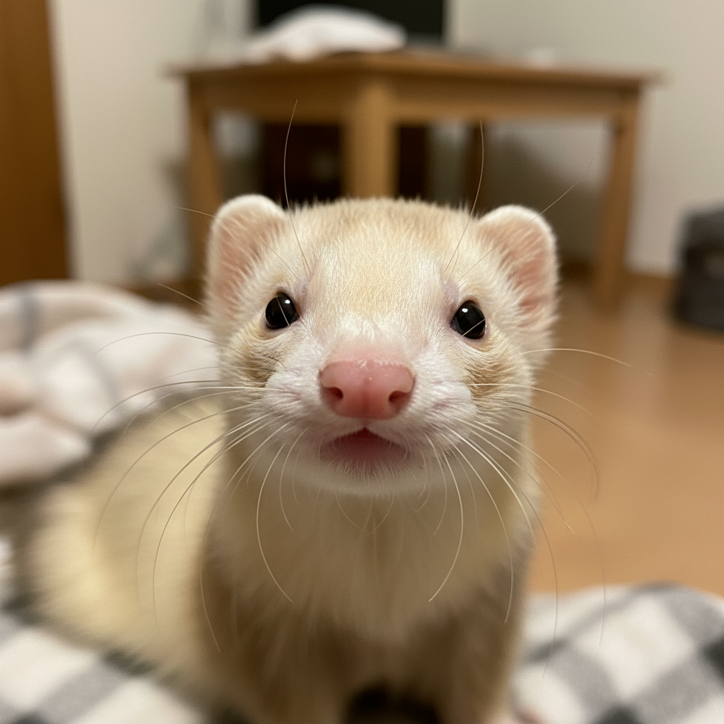 Champagne ferret nose pressed to camera lens, whiskers spread wide in curiosity