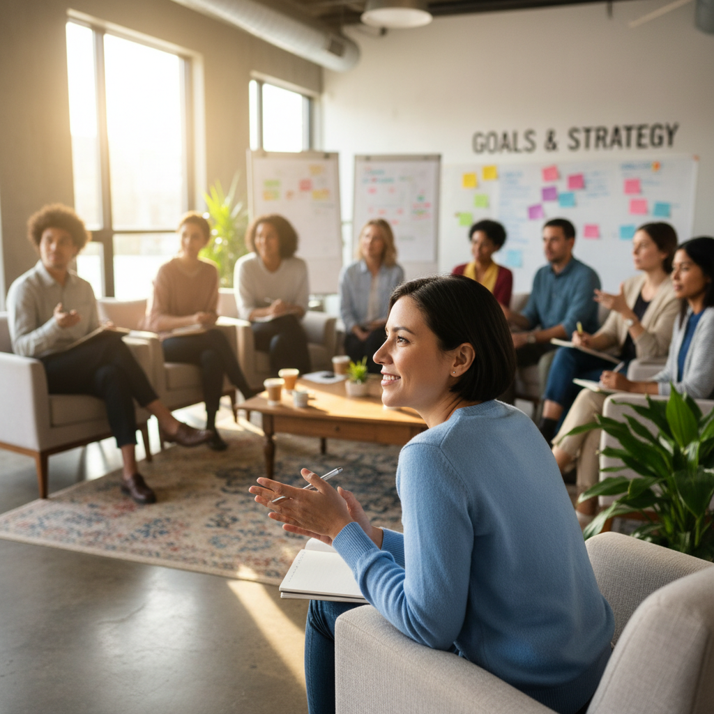 Diverse multicultural healthcare professionals in a premium executive mentorship session — Black, Hispanic, Asian, and White professionals engaged in leadership development