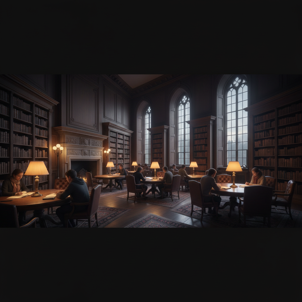 Candlelit intimate library reading room with open books and warm amber glow, dark academia atmosphere