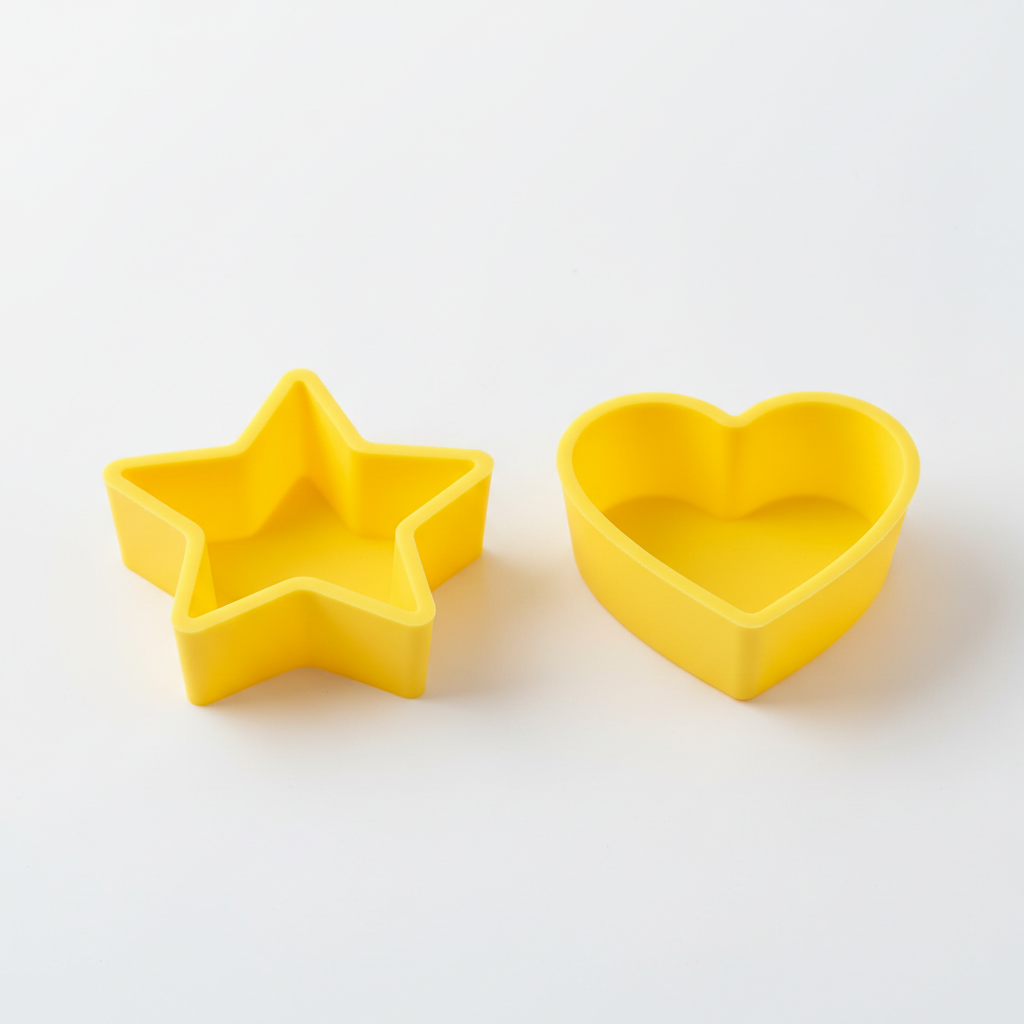 Two silicone egg molds in star and heart shapes in yellow