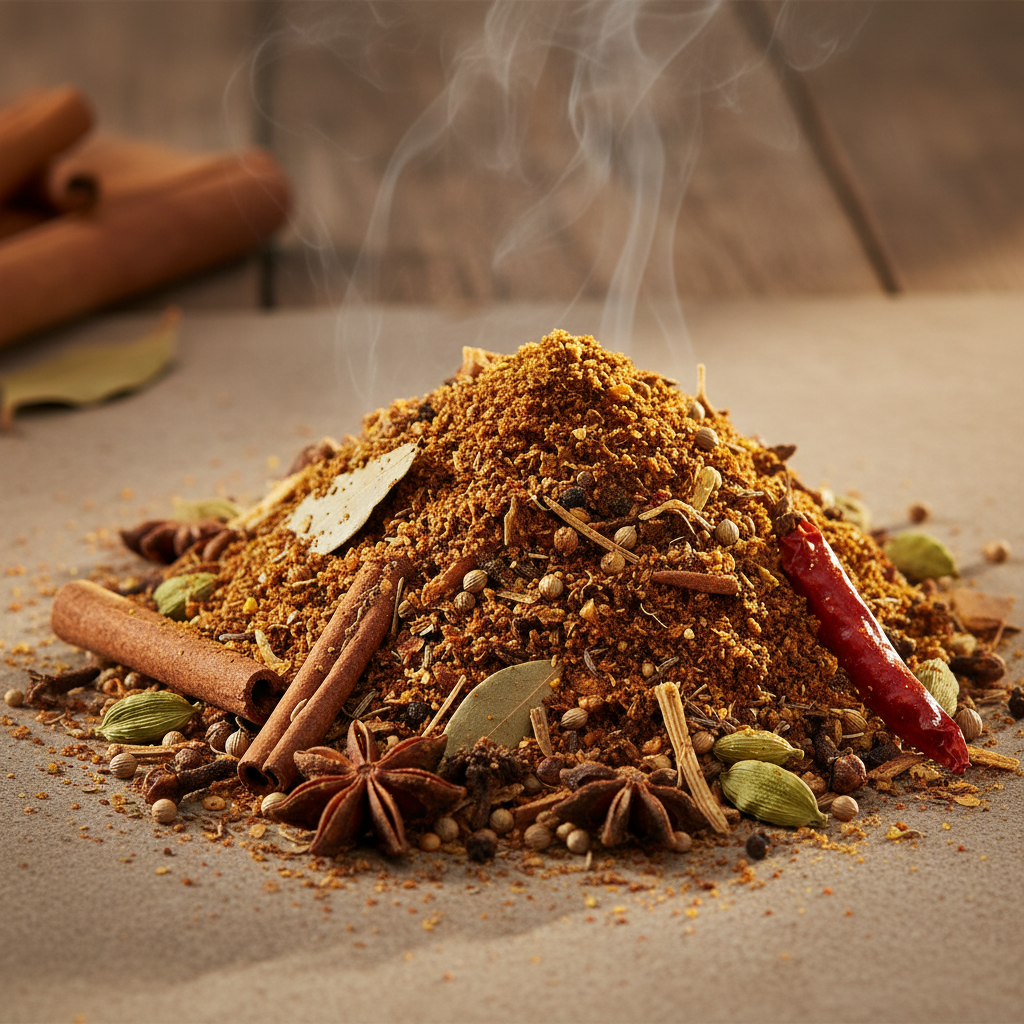 Fragrant biryani masala blend in warm amber and red tones in a dark ceramic bowl on a spice market table