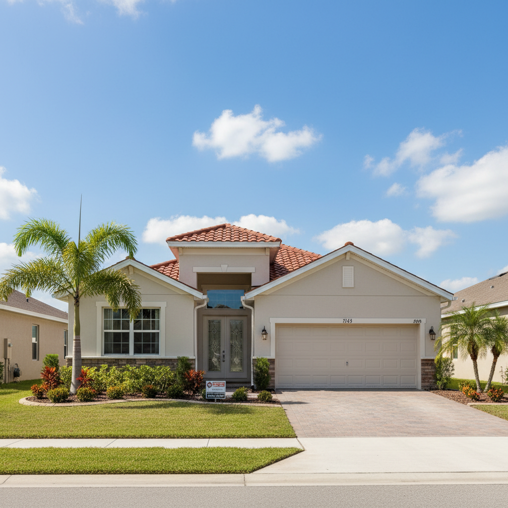 Attractive single-family home in Delray Beach Florida with tile roof lush greenery and paved driveway under blue sky