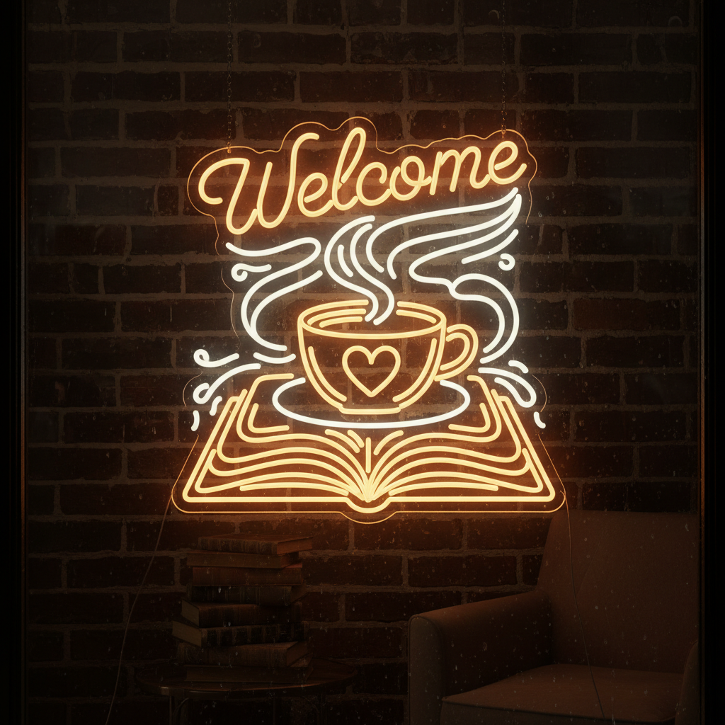 Cozy café neon sign in warm purple glow, dark intimate coffee shop atmosphere