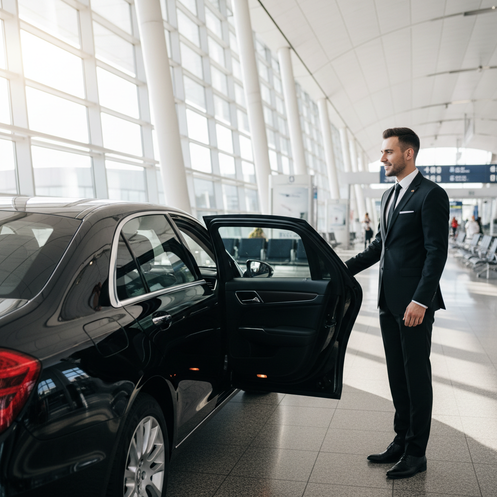 Airport transfer — black luxury sedan at airport terminal with professional chauffeur