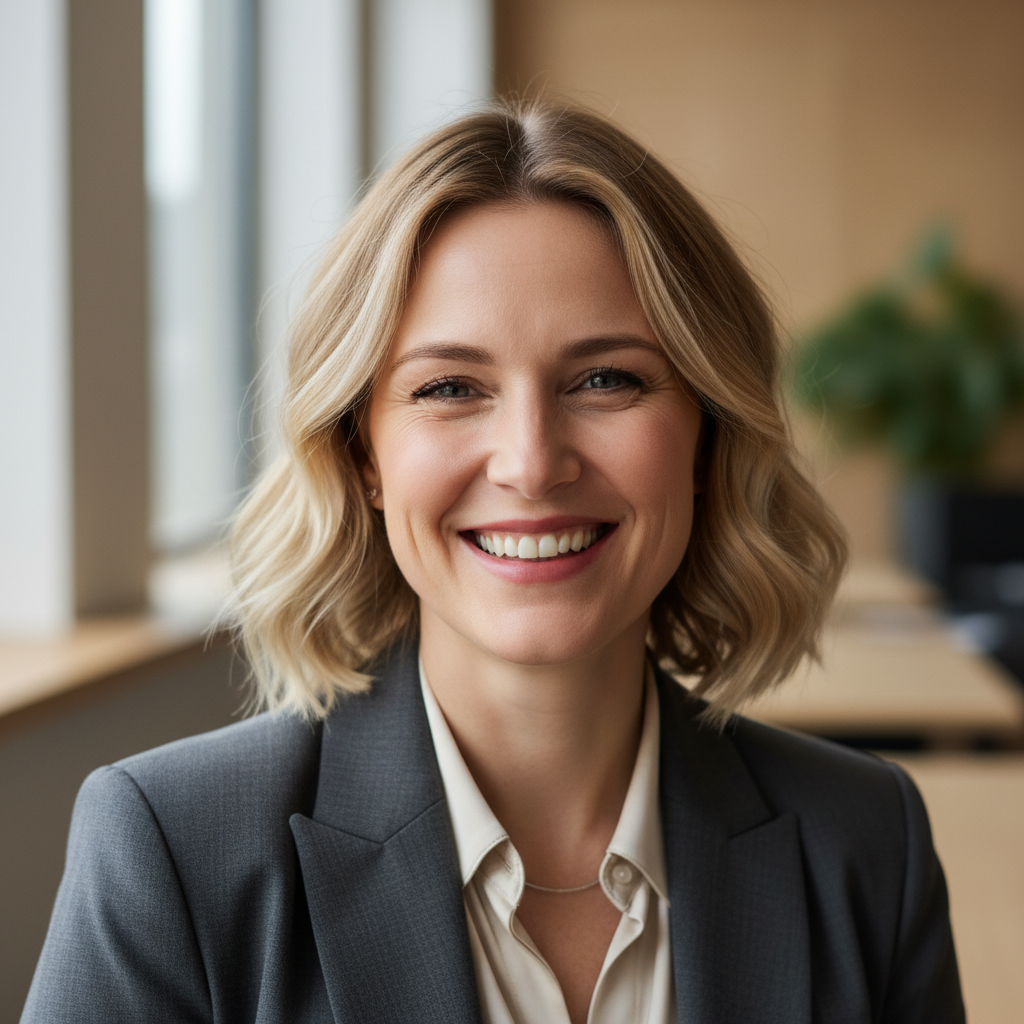 Margot Ellison, Creative Director at Blanc Bridal Studio, smiling woman with warm complexion