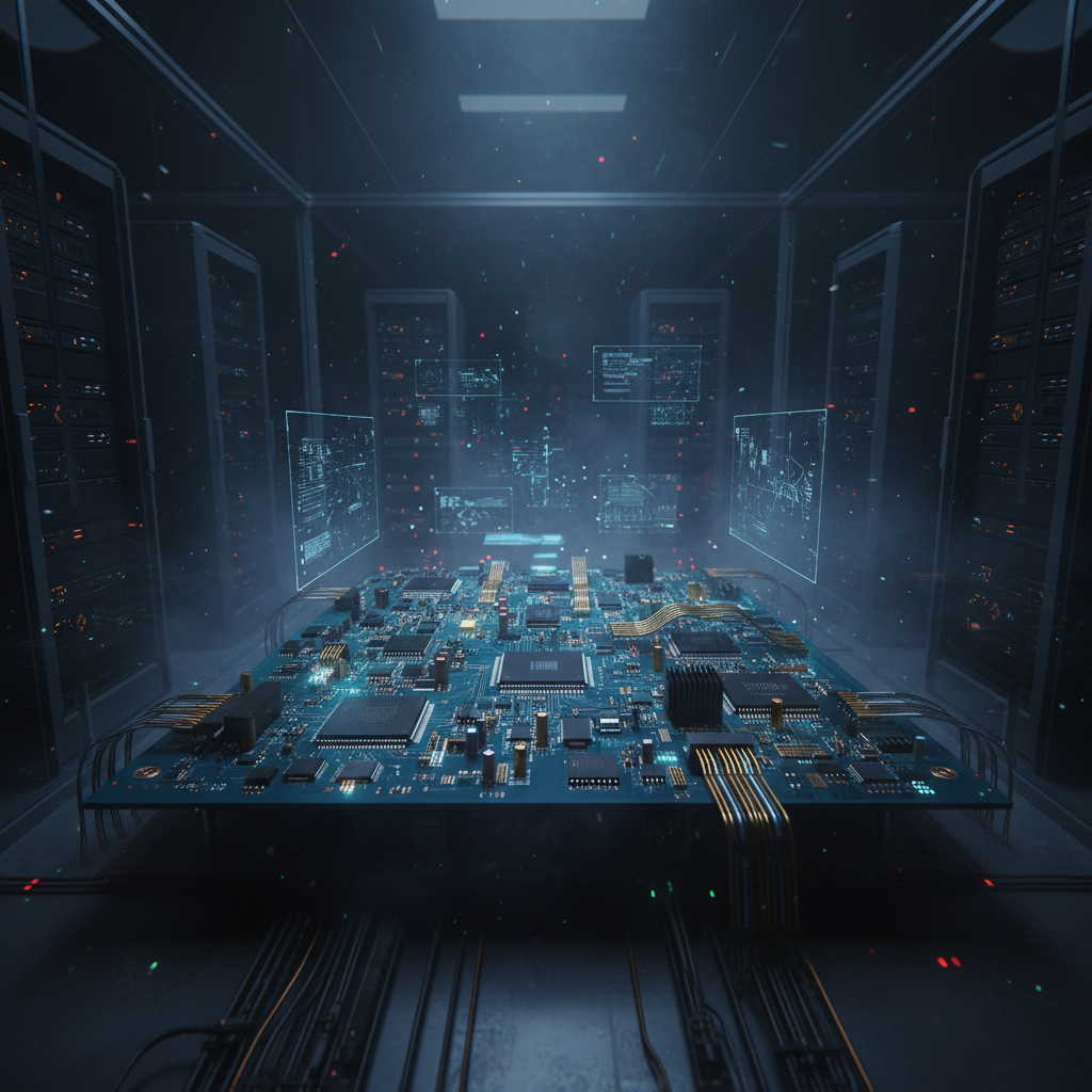 Technology circuit board and digital systems infrastructure, dark atmospheric tech environment, precision electronic components