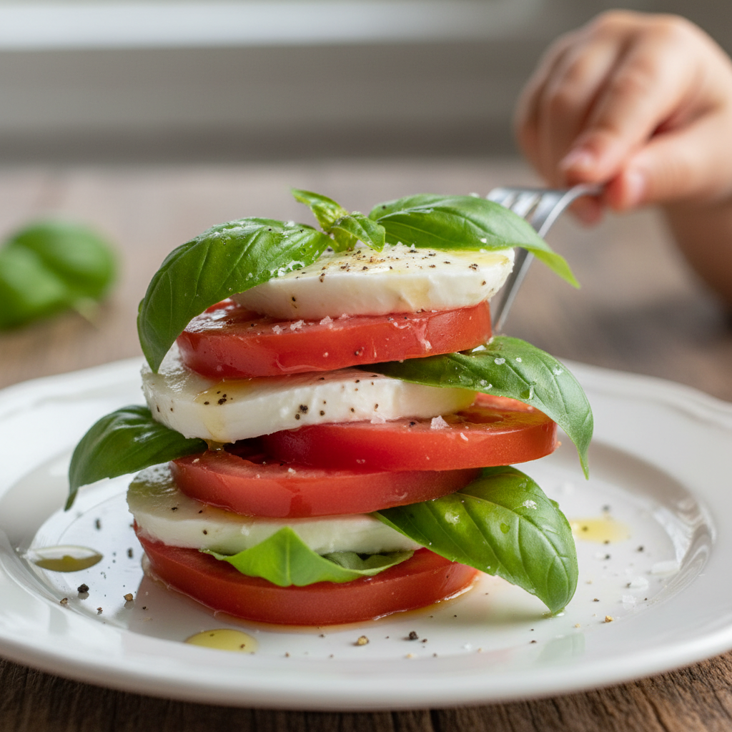 Neatly stacked caprese salad with tomato, mozzarella and basil, plated by a child